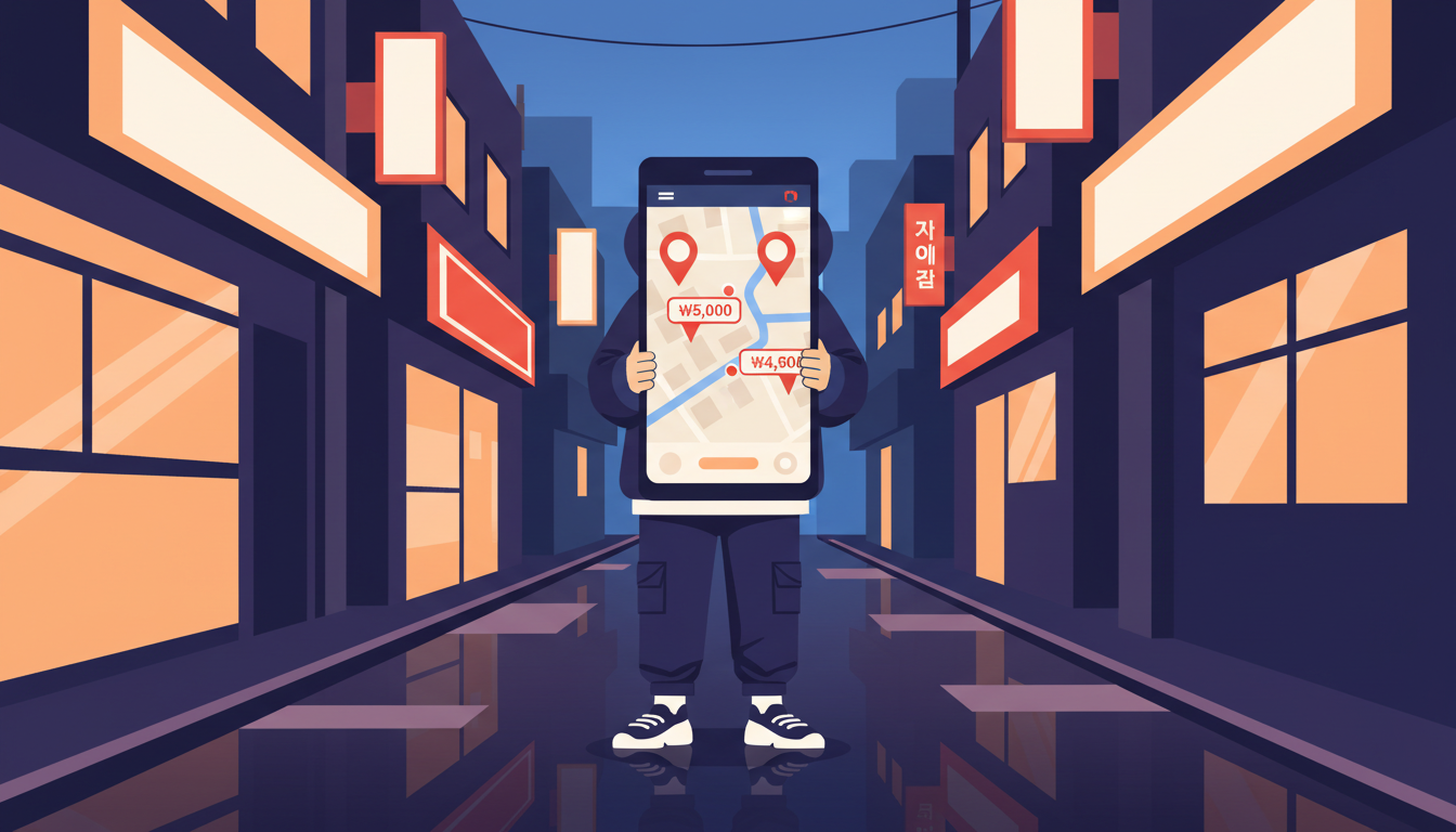 Editorial vector illustration of a young Korean person using a smartphone map to find budget meals in Seoul